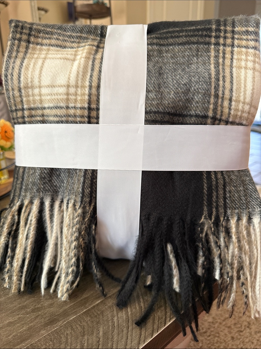 Cozy Plaid Throw Blanket - Charcoal, Gray & Cream with fringe edge - New! - Picture 2 of 2